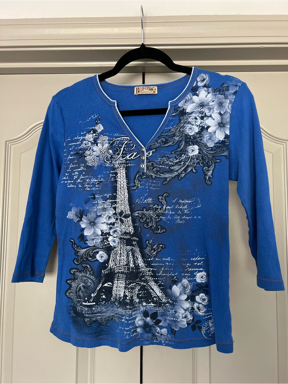 Y2K Paris Eiffel Tower Blue Canyon Rhinestone Graphic Henley Top Medium - Picture 2 of 7